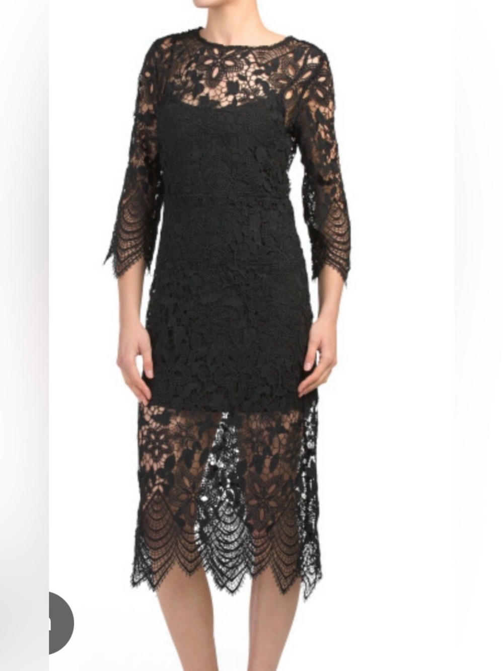 Black Lace Midi Dress with Sheer Scalloped Hem